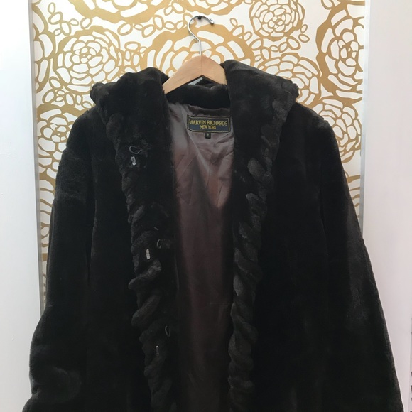 Marvin Richards Long Brown Faux Fur Coat Jacket - Picture 1 of 8